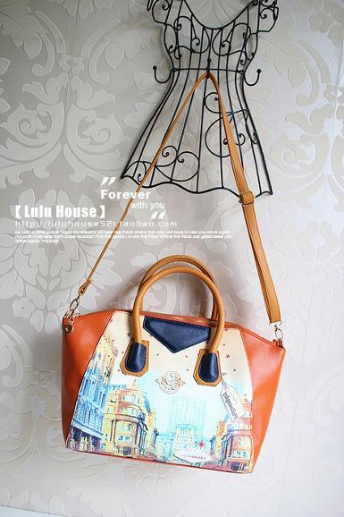 Pre-orderกระเป๋า Luluhouse รุ่น LL78or2 สีivory ตกแต่งด้วยหนังด้านข้างสีส้ม